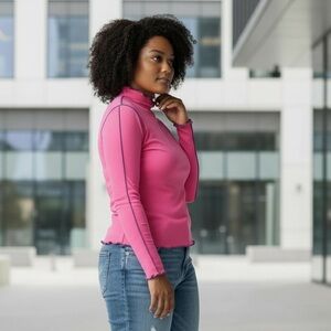BP x Wildfang Mockneck Long Sleeve Pink and Blue Top Tee